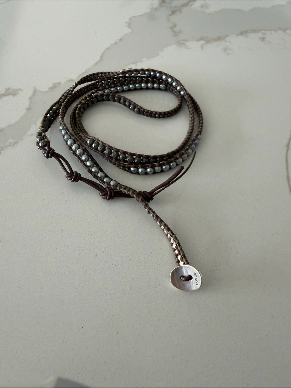 Chan Luu Brown Braided Leather Wrap with Blue Grey FWP & Faceted Pyrite 35” - Picture 8 of 13